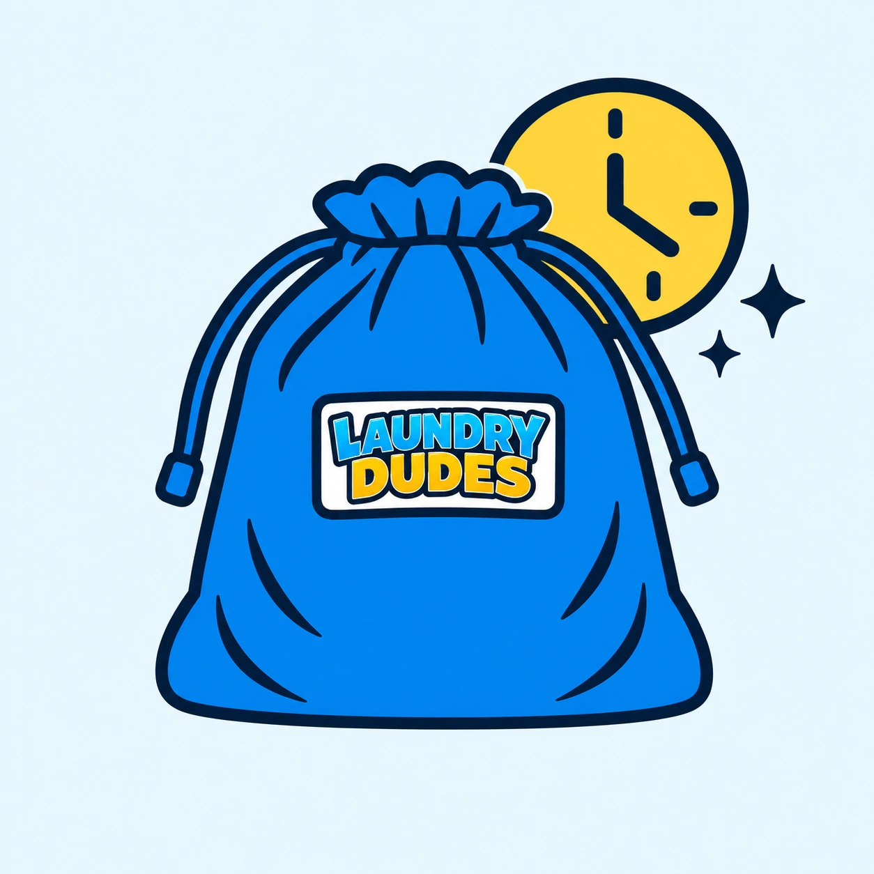 Branded blue Laundry Dudes bag with a yellow clock and two simple sparkles