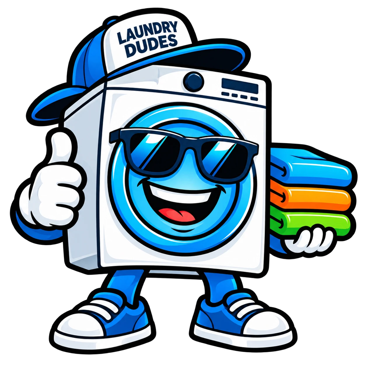 The Laundry Dudes washing machine mascot wearing sunglasses and giving a thumbs up