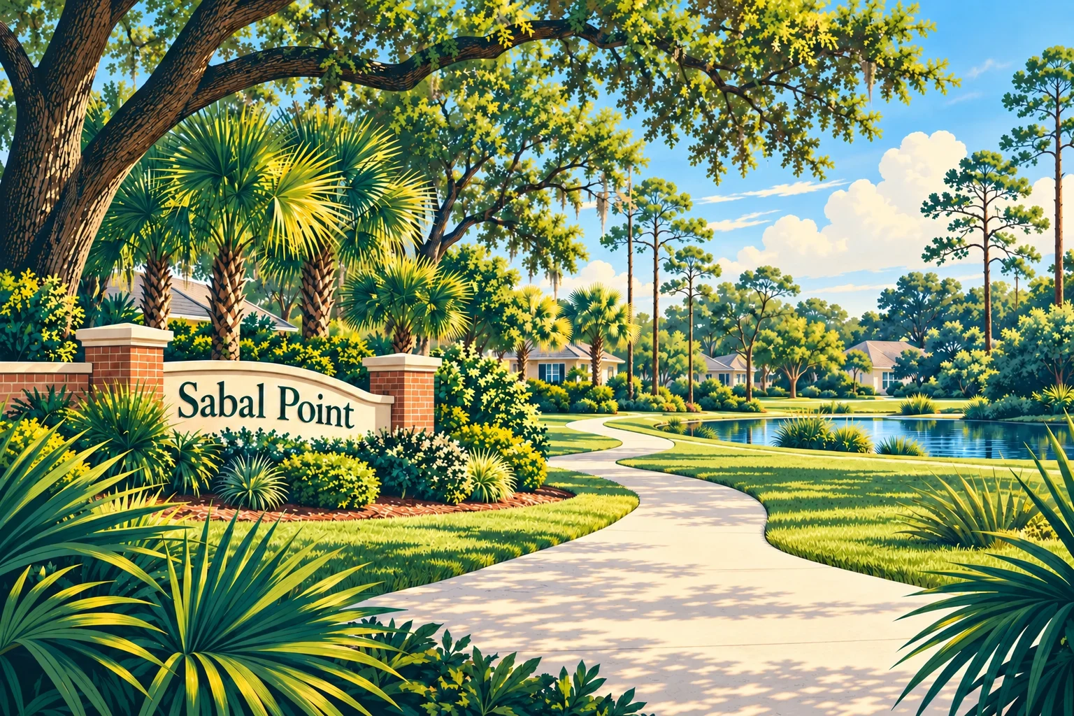 Sabal Point entrance sign among palms, oak trees and a winding neighborhood path